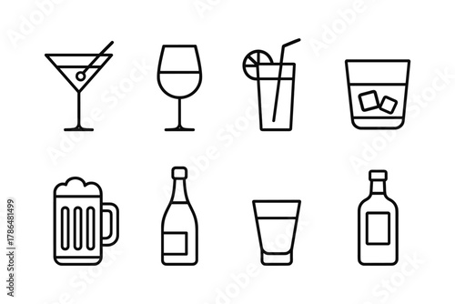 Minimalist outline drink icons: cocktails, wine, beer, whiskey, and bottles