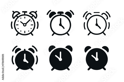 Morning Routine Icons. Morning routine. Set Logo of Morning routine: alarm clock ringing. Icon set. harmonious logo variations of the same emblematic concept,