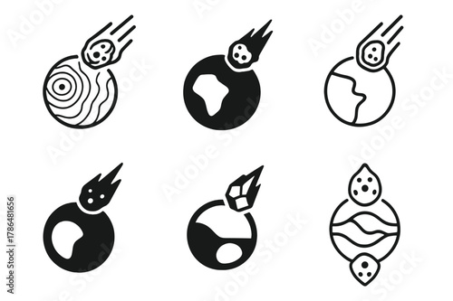 Asteroid Impact Logos. Asteroids and meteor impacts on Earth. Set Logo of asteroids and meteor impacts on Earth: crater field topographic map. Icon set.