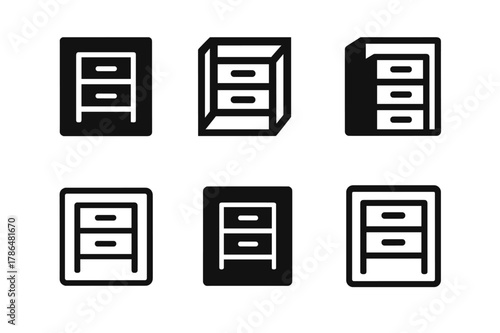 Versatile Storage Icons. Customizable home storage solutions. Icon set. Set Logo of customizable home storage solutions: sliding drawer unit. harmonious logo