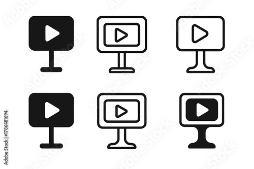 Logo Variations Grid. Shelf talkers and signage. Set Logo of Shelf talkers and signage: digital signage screen with play icon. Icon set. harmonious logo