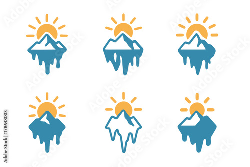 Melting Glacier Icons. Melting glaciers. Icon set. Set Logo of melting glaciers: glacier and sun heat rays. harmonious logo variations of the same emblematic