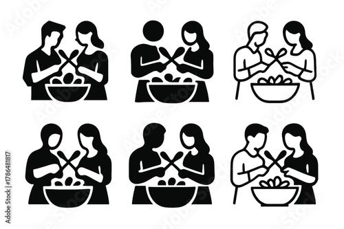 Cooking Couple Logos. Couples cooking together in the kitchen. Set Logo of couples cooking together in the kitchen: couple clinking wooden spoons above salad
