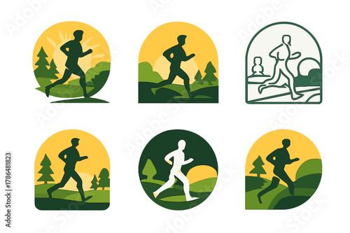 Morning Jogging Icons. A person jogging in the park during the early morning, surrounded by nature. Icon set. Set Logo of a person jogging in the park during