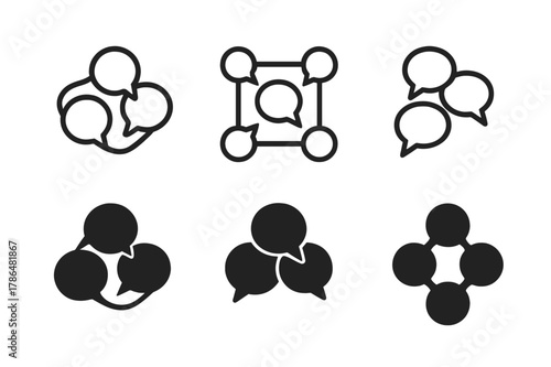 Mass Communication Logos. Mass communication theory. Icon set. Set Logo of mass communication theory: interconnected speech bubbles forming a