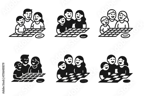 Family Picnic Logos. A family laughing together, enjoying quality time during the weekend. Icon set. Set Logo of A family laughing together, enjoying quality