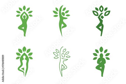 Diverse Fitness Logos. Healthy living and fitness routines. Icon set. Set Logo of Healthy living and fitness routines: yoga pose tree. harmonious