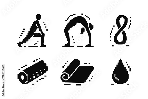 Pixel art yoga poses and equipment icons for fitness and wellness design