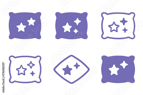 Sleep Symbol Logos. The importance of sleep. Set Logo of the importance of sleep: pillow with star pattern. Icon set. harmonious logo variations of the same