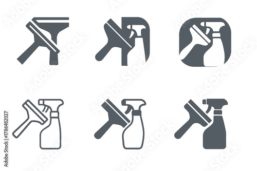 House Cleaning Logos. Cleaning the house together. Set Logo of Cleaning the house together: window squeegee and spray bottle. Icon set. harmonious logo