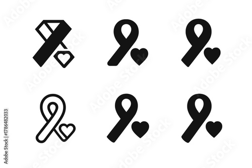 Unified Charity Emblems. Philanthropists or nonprofit workers volunteering. Set Logo of charity ribbon: awareness ribbon with small heart. Icon set. harmonious