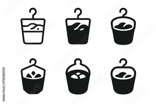 Feed Bucket Icons. feed bucket. Icon set. Set Logo of feed bucket: wall-hanging bucket with hook. harmonious logo variations of the same emblematic concept,