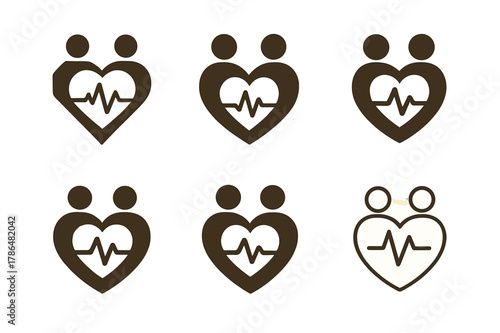 Nurturing Logos Grid. Nurturing relationships and emotional connections. Set Logo of nurturing relationships and emotional connections: shared heartbeat line.