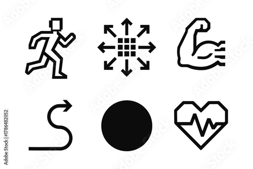 Minimalist icons: fitness, direction, and health in bold black design