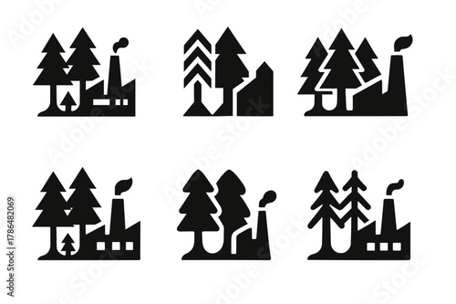 Deforestation Logo Variations. Deforestation. Set Logo of deforestation: forest replaced by factory silhouette. Icon set. harmonious logo variations of the