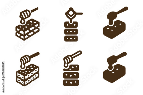 Granola Bar Icons. Baking a batch of granola bars for on-the-go snacks. Set Logo of baking a batch of granola bars for on-the-go snacks: honey drizzle spoon.