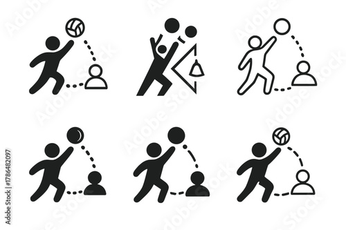 Volleyball Teamwork Logos. A person participating in a team sport like volleyball, showing teamwork. Set Logo of A person participating in a team sport like
