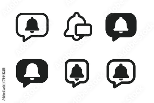 App Notification Icons. App notification mockup. Set Logo of App notification mockup: chat bubble with bell icon. Icon set. harmonious logo variations of the