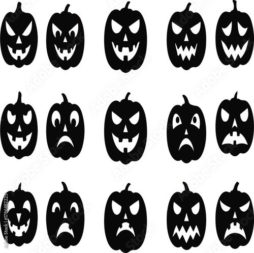 Fifteen eerie carved pumpkin silhouettes with glowing faces against a dark background for Halloween celebration