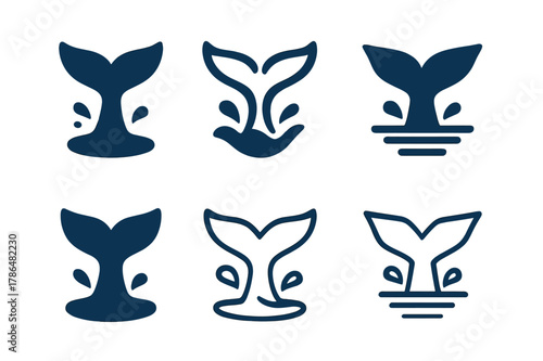 Whale Tail Logos. Aquatic life and underwater creatures. Set Logo of whale tail and splash: Filled silhouette, Stylized detail, Iconic shape,