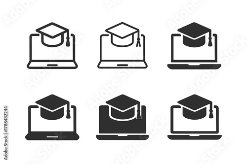Online Exams Logos. Online exams. Set Logo of Online exams: open laptop with graduation cap icon. Icon set. harmonious logo variations of the same emblematic