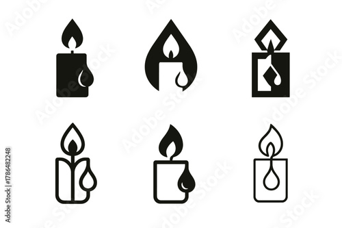 Candle Logo Variations. Candle making with unique scents and colors. Set Logo of Candle making: wick and droplet of wax. Icon set. harmonious logo variations