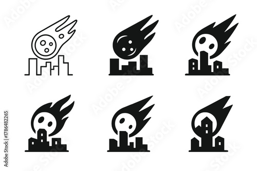 Asteroid Impact Logos. Asteroids and meteor impacts on Earth. Set Logo of asteroids and meteor impacts on Earth: fireball over city skyline. Icon