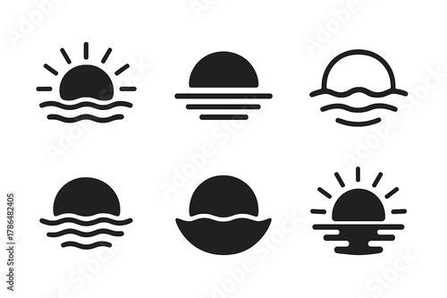 Sunrise Lake Logos. Embracing solitude and personal time. Set Logo of sunrise over calm lake: Abstract geometric, Flat solid, Iconic shape, Minimal outline,