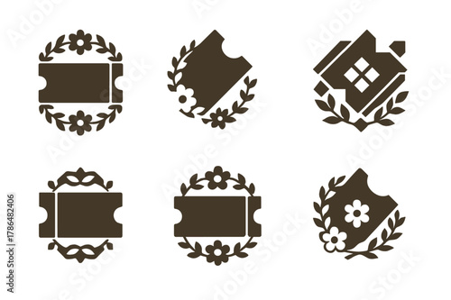 Amusement Park Logos. May day at an amusement park. Icon set. Set Logo of May day at an amusement park: admission ticket with flower wreath. harmonious logo