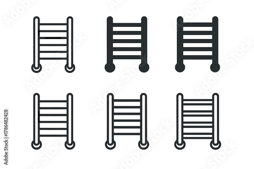 Towel Rack Logos. towel rack bar. Set Logo of towel rack bar: heated ladder-style towel rail. Icon set. harmonious logo variations of the same emblematic