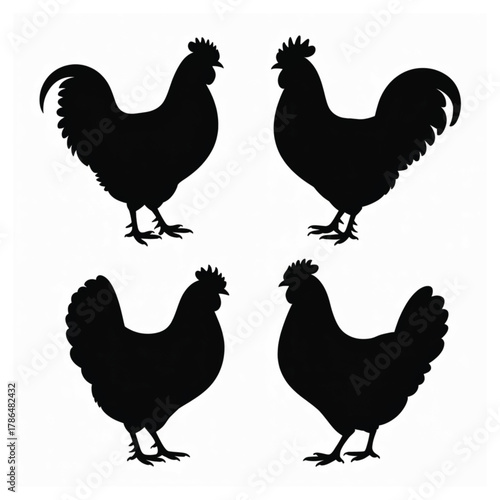 Black Chicken Silhouette Collection | Rooster and Hen Poses | Farm Animal Vector Art
