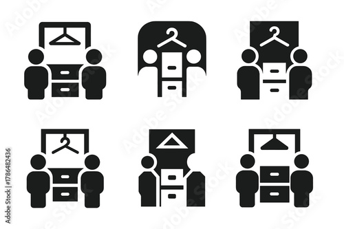 Shared Closet Logos. Designing a closet for multiple users with shared storage areas. Icon set. Set Logo of Designing a closet for multiple users with shared