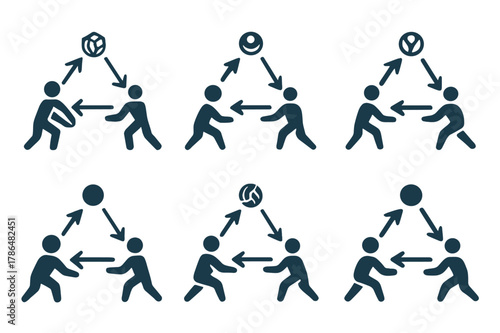 Volleyball Teamwork Logos. A person participating in a team sport like volleyball, showing teamwork. Set Logo of A person participating in a team sport like
