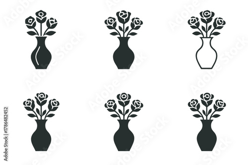Elegant Vase Logos. tabletop flower vase. Set Logo of tabletop flower vase: elegant vase with bouquet of roses. Icon set. harmonious logo variations of the