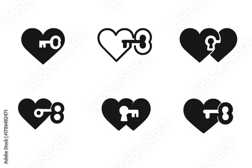 Heart Key Logos. Relationship therapy and counseling. Set Logo of relationship therapy and counseling: key unlocking two hearts. Icon set. harmonious logo