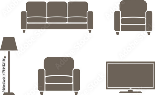 Living Room Icons Sofa, Armchair, Floor Lamp, Television