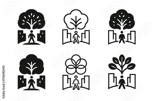 Urban Design Emblems. Barriers and solutions in urban design. Set Logo of Barriers and solutions in urban design: tree canopy over pedestrian plaza. Icon set.