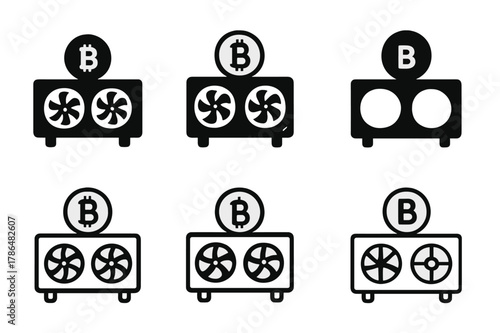 Cryptocurrency Logo Variations. Cryptocurrency markets. Set Logo of Cryptocurrency markets: GPU mining rig. Icon set. harmonious logo variations of the same