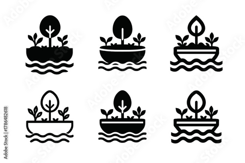 Floating Community Logos. Floating neighborhoods. Set Logo of floating neighborhoods: community garden barge. Icon set. harmonious logo variations of the same