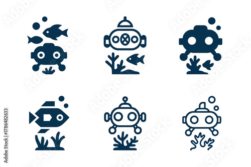 Underwater Drone Logos. Underwater exploration and marine life. Icon set. Set Logo of Underwater exploration and marine life: ROV underwater drone. harmonious