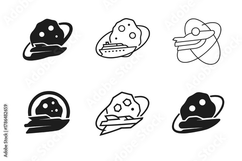 Futuristic Space Travel Icons. Space tourism and futuristic travel experiences. Icon set. Set Logo of space tourism and futuristic travel experiences: asteroid