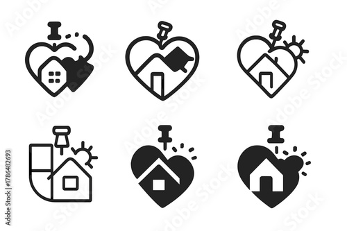 Family Vision Icons. Creating a family vision board. Icon set. Set Logo of creating a family vision board: collage of hearts, home, and sun icons pinned