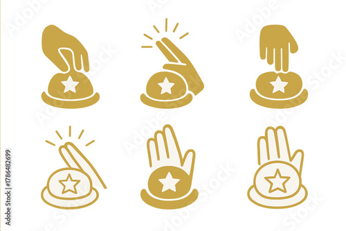 Talent Show Logos. Talent shows and auditions. Set Logo of Talent shows and auditions: golden buzzer hand. Icon set. harmonious logo variations of the same