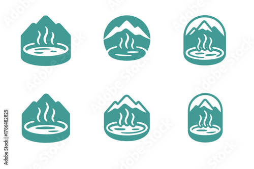 Hot Spring Logos. A hot spring bath with a natural, serene landscape around it. Icon set. Set Logo of A hot spring bath with a natural, serene landscape around