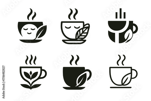Herbal Tea Logo Variations. Peaceful slumber. Set Logo of Peaceful slumber: steaming herbal tea cup. Icon set. harmonious logo variations of the same