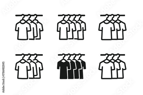 Harmonious Hanger Logos. Hanging clothes on matching hangers for uniformity. Icon set. Set Logo of Hanging clothes on matching hangers for uniformity: closet