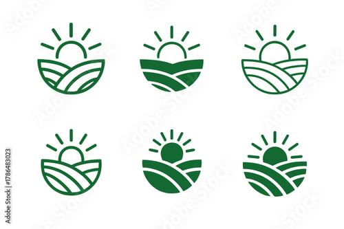 Organic Farming Logos. Organic farming. Set Logo of organic farming: terraced field with rising sun. Icon set. harmonious logo variations of the same