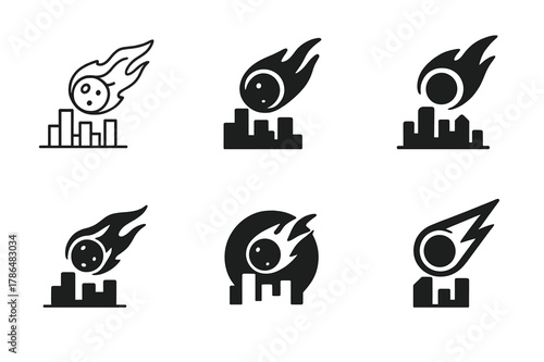 Asteroid Impact Logos. Asteroids and meteor impacts on Earth. Set Logo of asteroids and meteor impacts on Earth: fireball over city skyline. Icon
