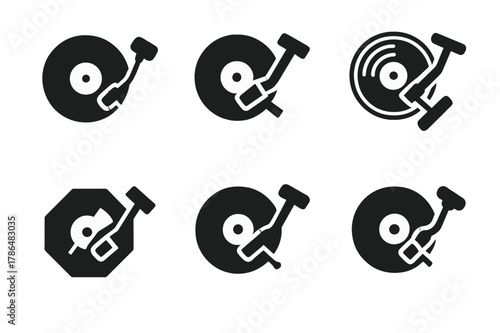 Music Fashion Emblems. Music and fashion. Icon set. Set Logo of Music and fashion: record needle cufflinks. harmonious logo variations of the same emblematic