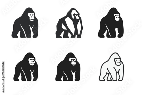 Mountain Gorilla Logos. Endangered species. Set Logo of Endangered species: Mountain gorilla. Icon set. harmonious logo variations of the same emblematic
